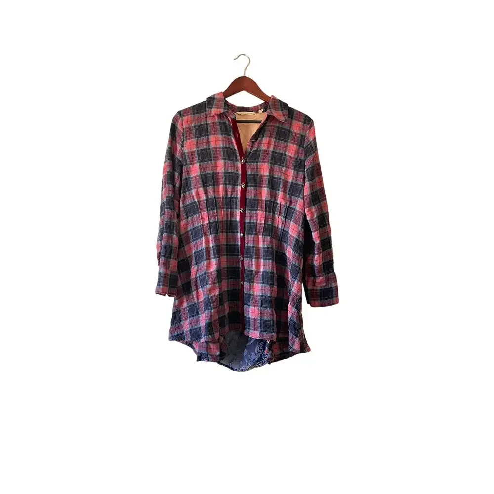 Soft Surroundings Kensington Velvet Floral Button Front Plaid Flannel‎ medium
